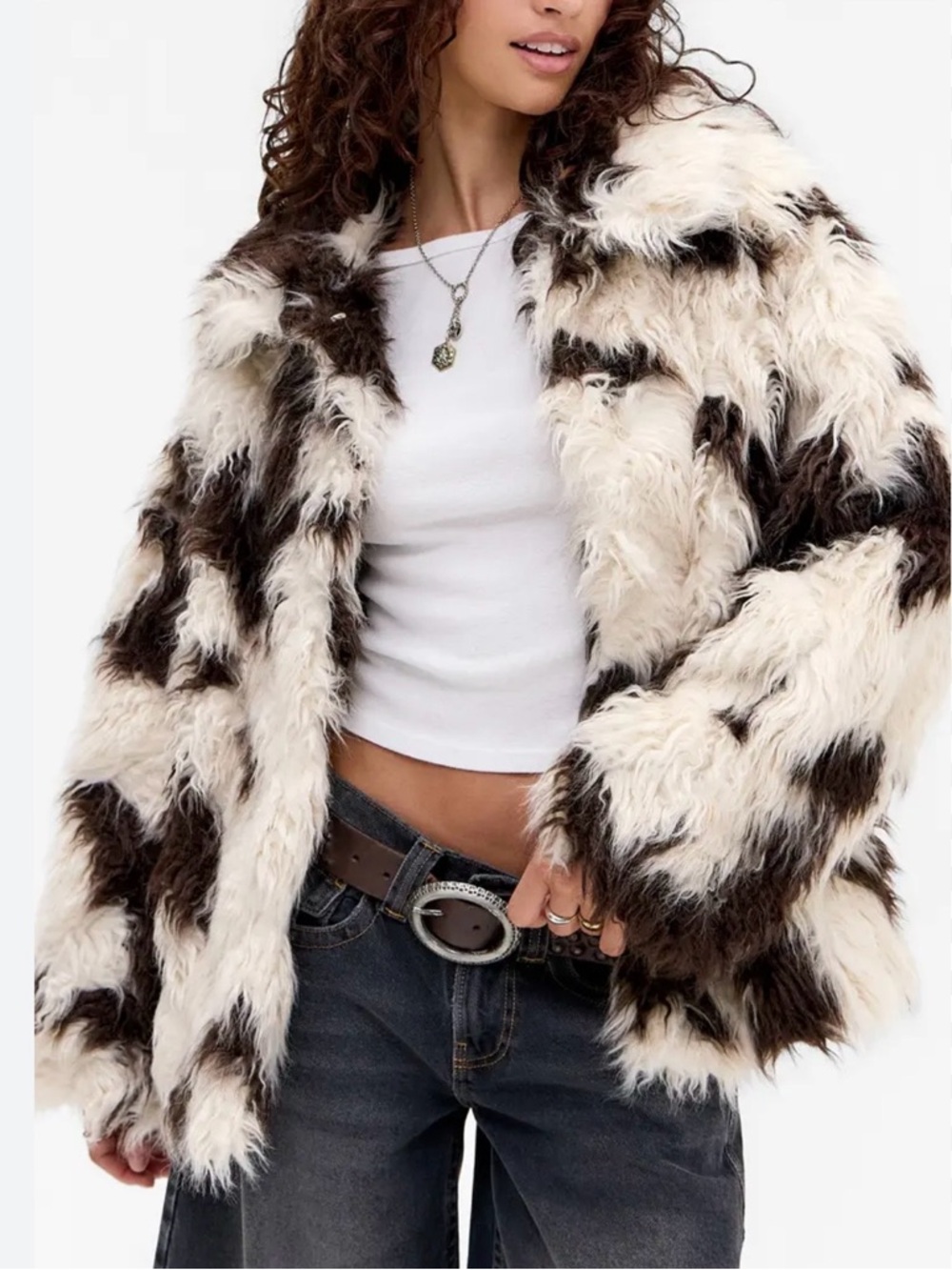URBAN OUTFITTERS BDG Wilson Spotted Faux Fur Jacket Cream Brown Size Large NWT